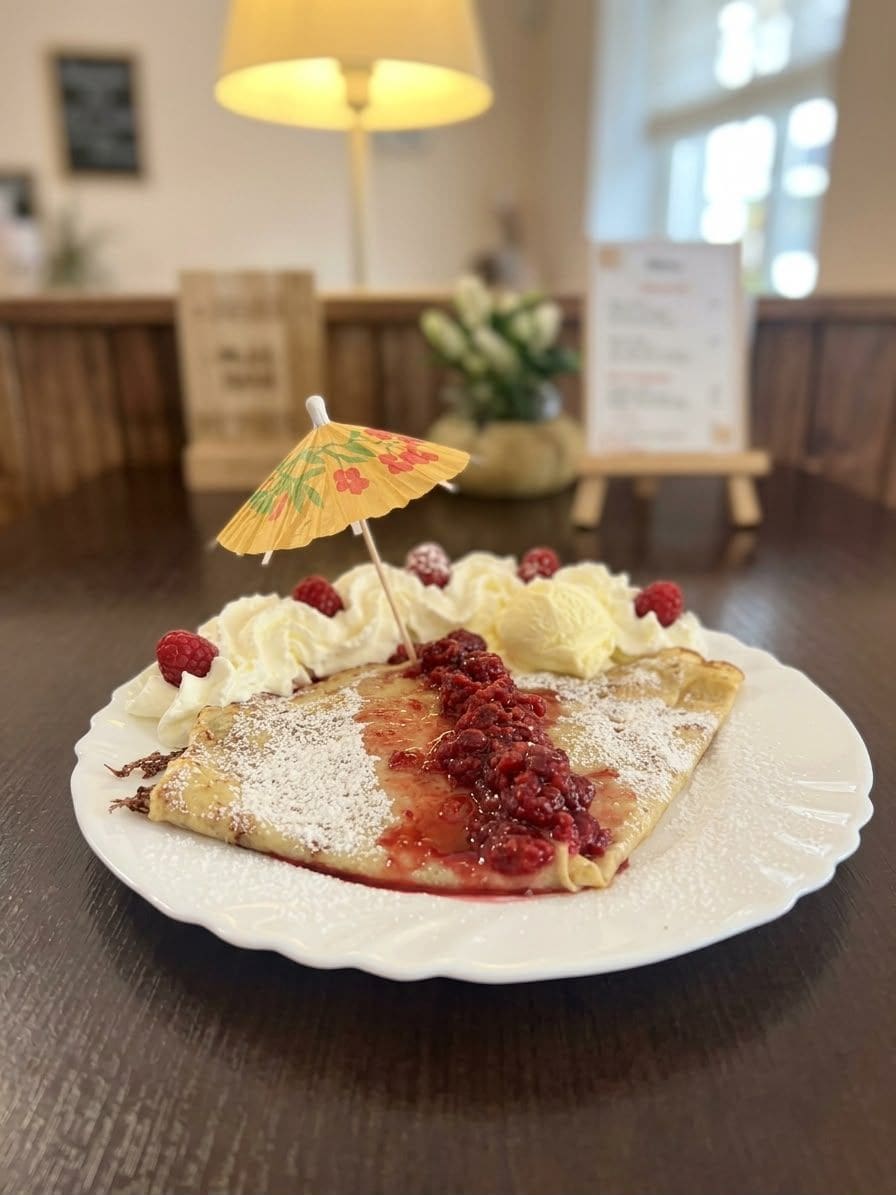 A dessert plate with a slice of pie topped with whipped cream and raspberries, a small decorative umbrella, and a powdered sugar sprinkle.