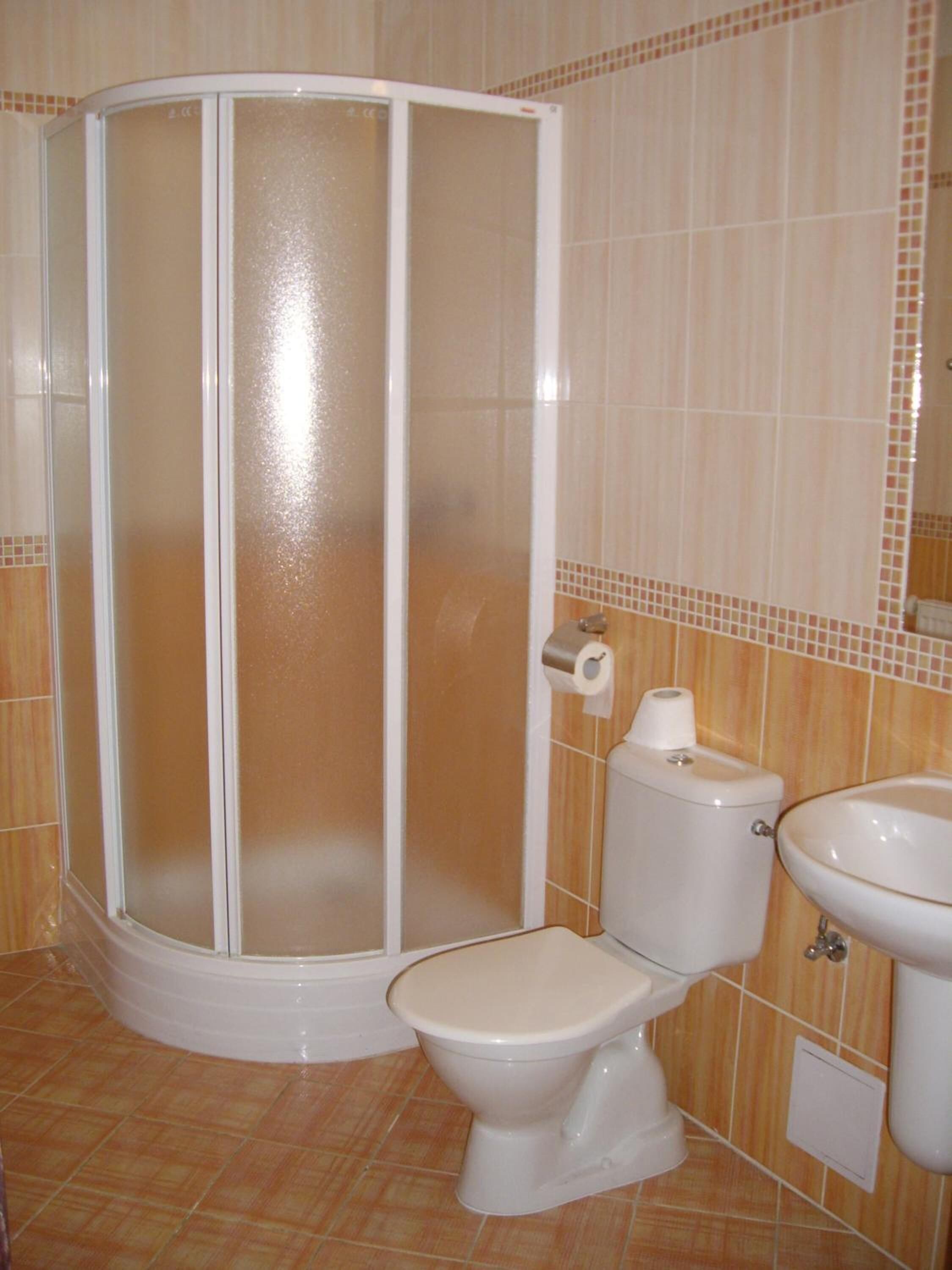 Een badkamer met douchecabine, toilet en wastafel.