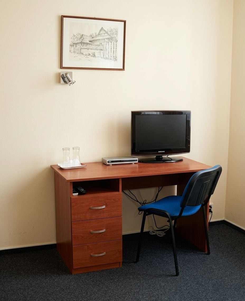 Una scrivania in legno con un monitor a schermo piatto, una sedia e un disegno incorniciato appeso al muro.