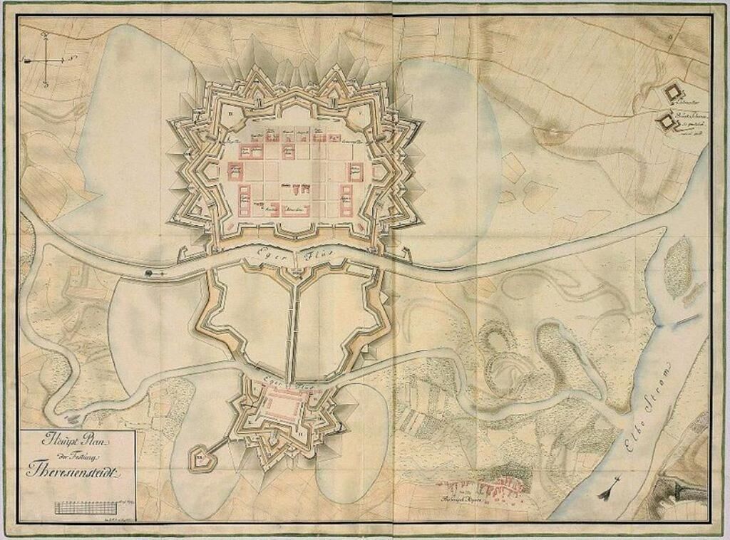 A detailed map of a fortified town with a central castle, surrounding walls, and a river.