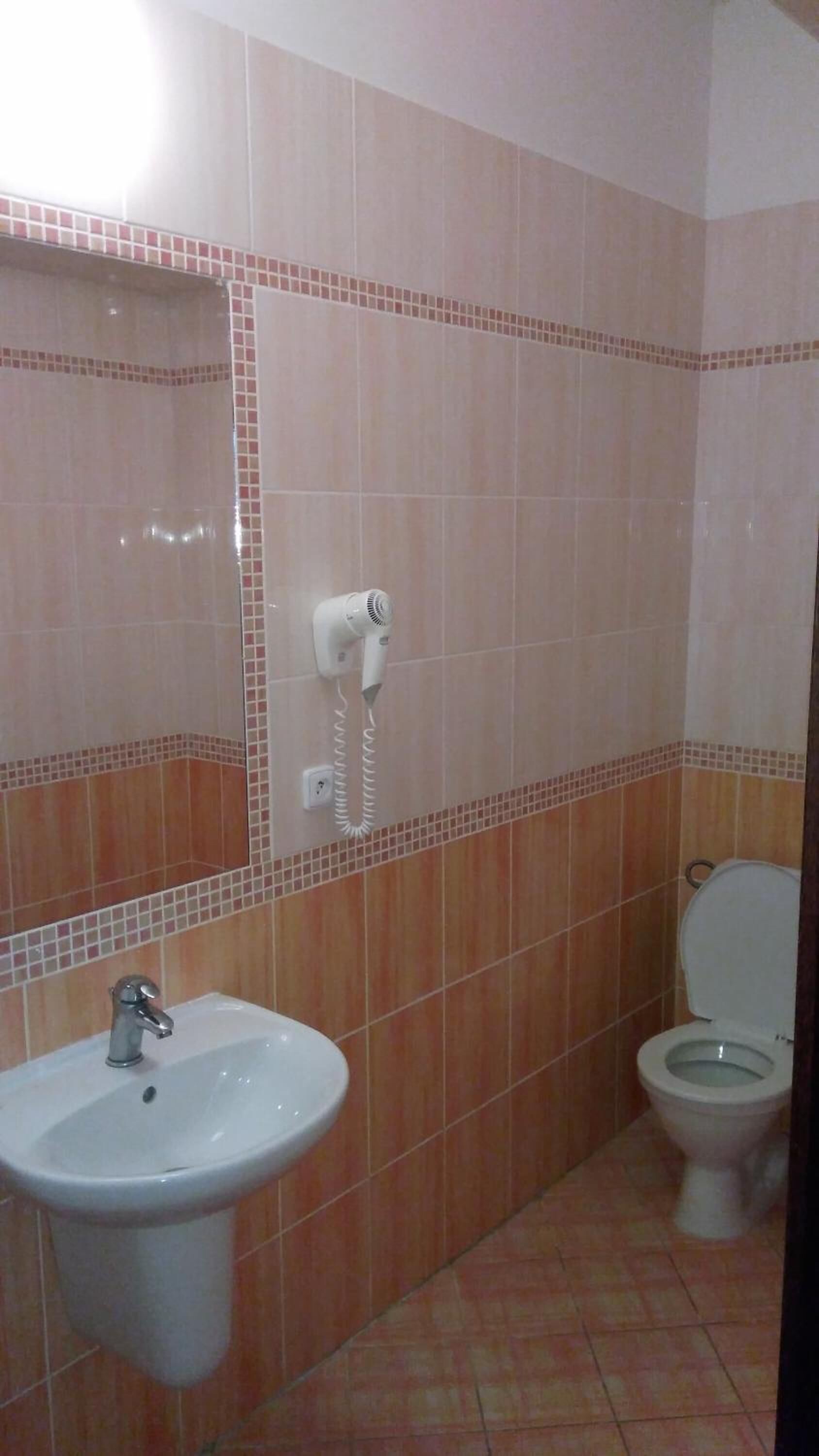 Un bagno con lavandino, water e asciugacapelli a parete.