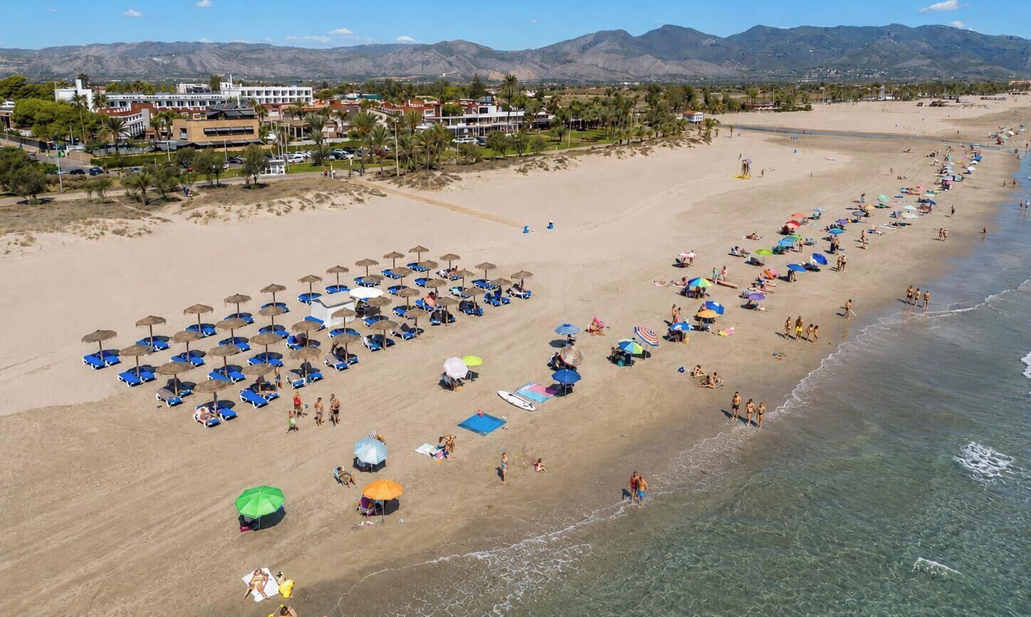 Una playa con numerosos sombrillas y tumbonas, cielo despejado y montañas al fondo.