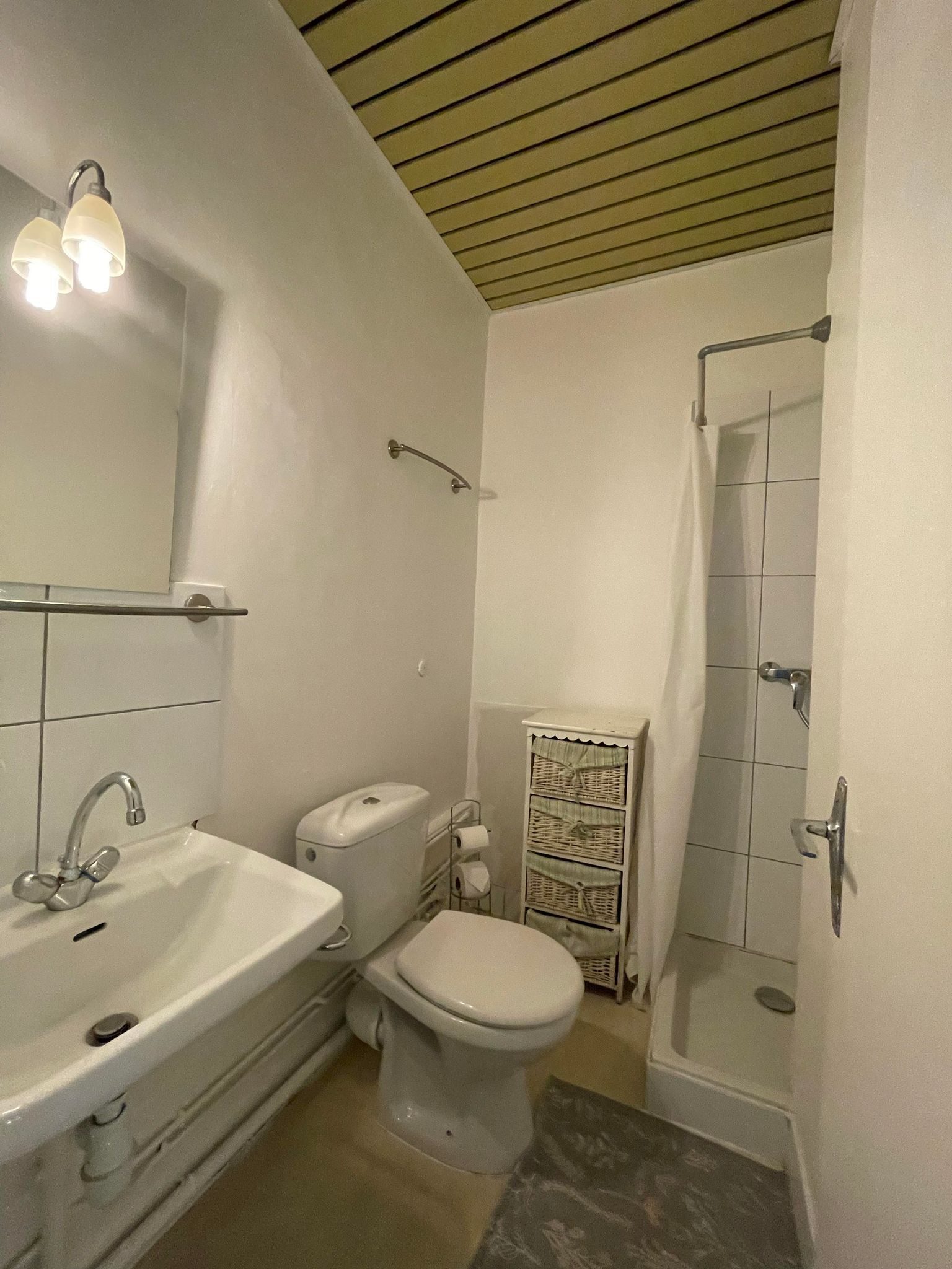 A bathroom with a sink, toilet, and shower.