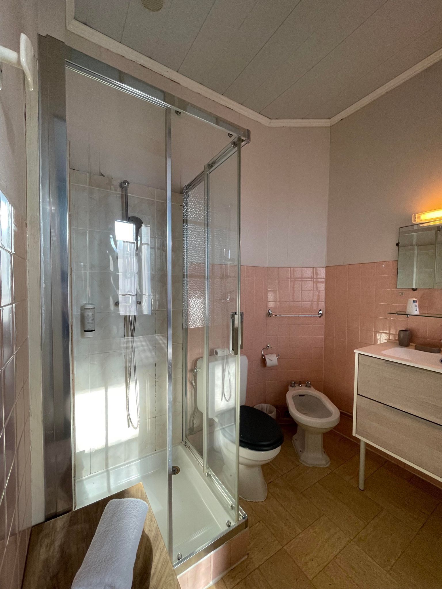 Un baño con ducha de vidrio, inodoro y lavabo con espejo superior.