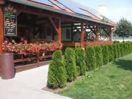 A restaurant with a covered outdoor seating area, solar panels on the roof, and neatly trimmed hedges along the walkway.