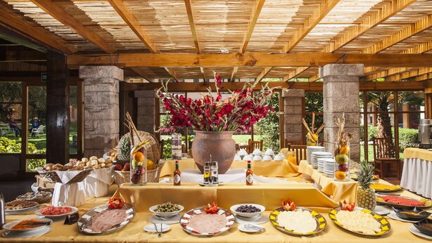 Uma mesa de buffet com diversos alimentos e um vaso grande de flores.