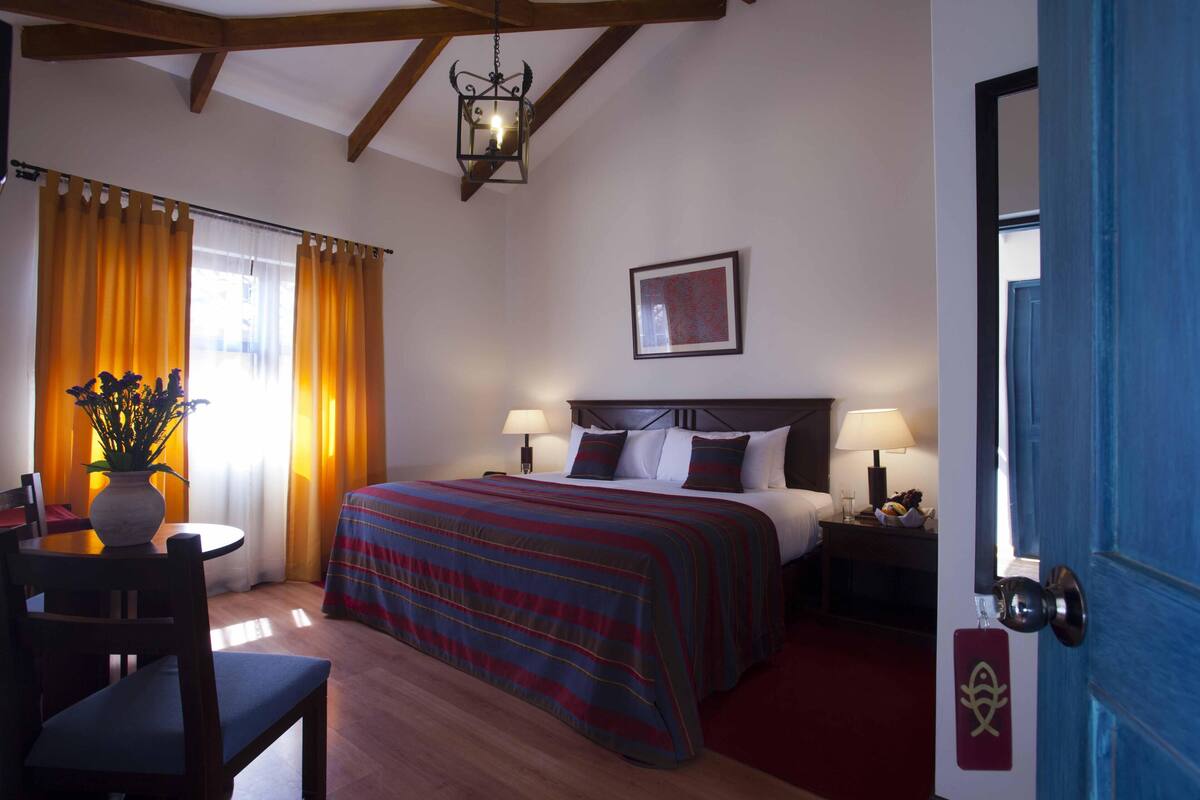 A hotel room with a bed, bedside tables, a desk, a chair, a potted plant, and a door.