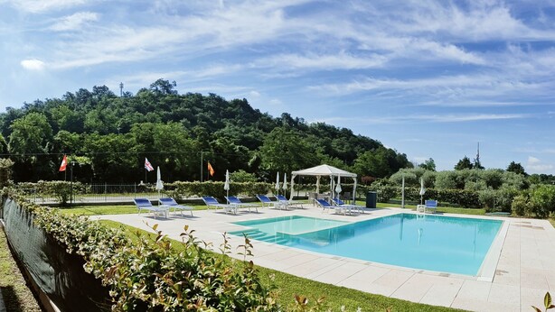 A rectangular swimming pool with lounge chairs and umbrellas, surrounded by greenery and flags, with a hill in the background. - Hotel Agli Ulivi (Valeggio sul Mincio)