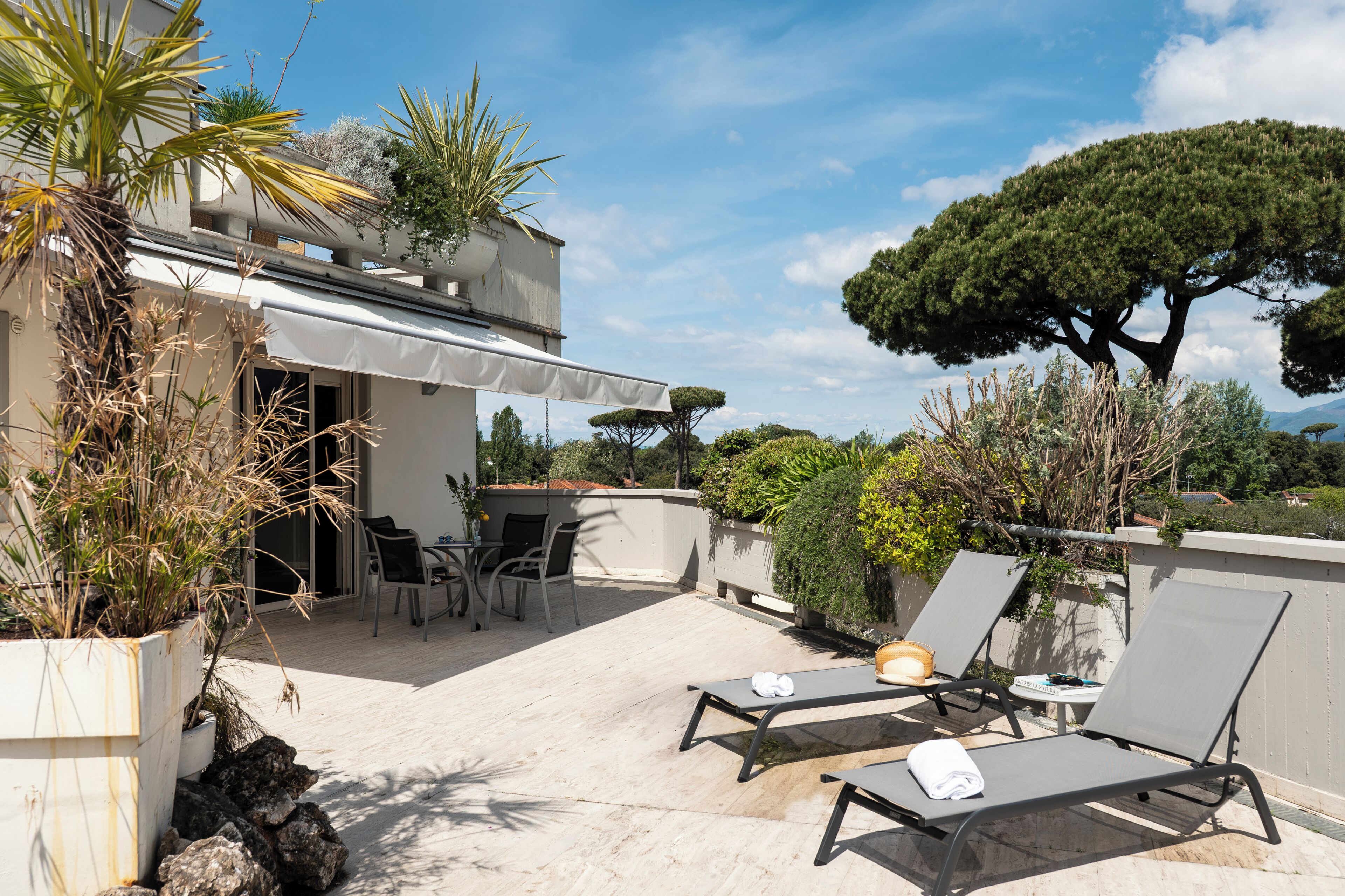 A rooftop terrace with lounge chairs, a table, and potted plants.