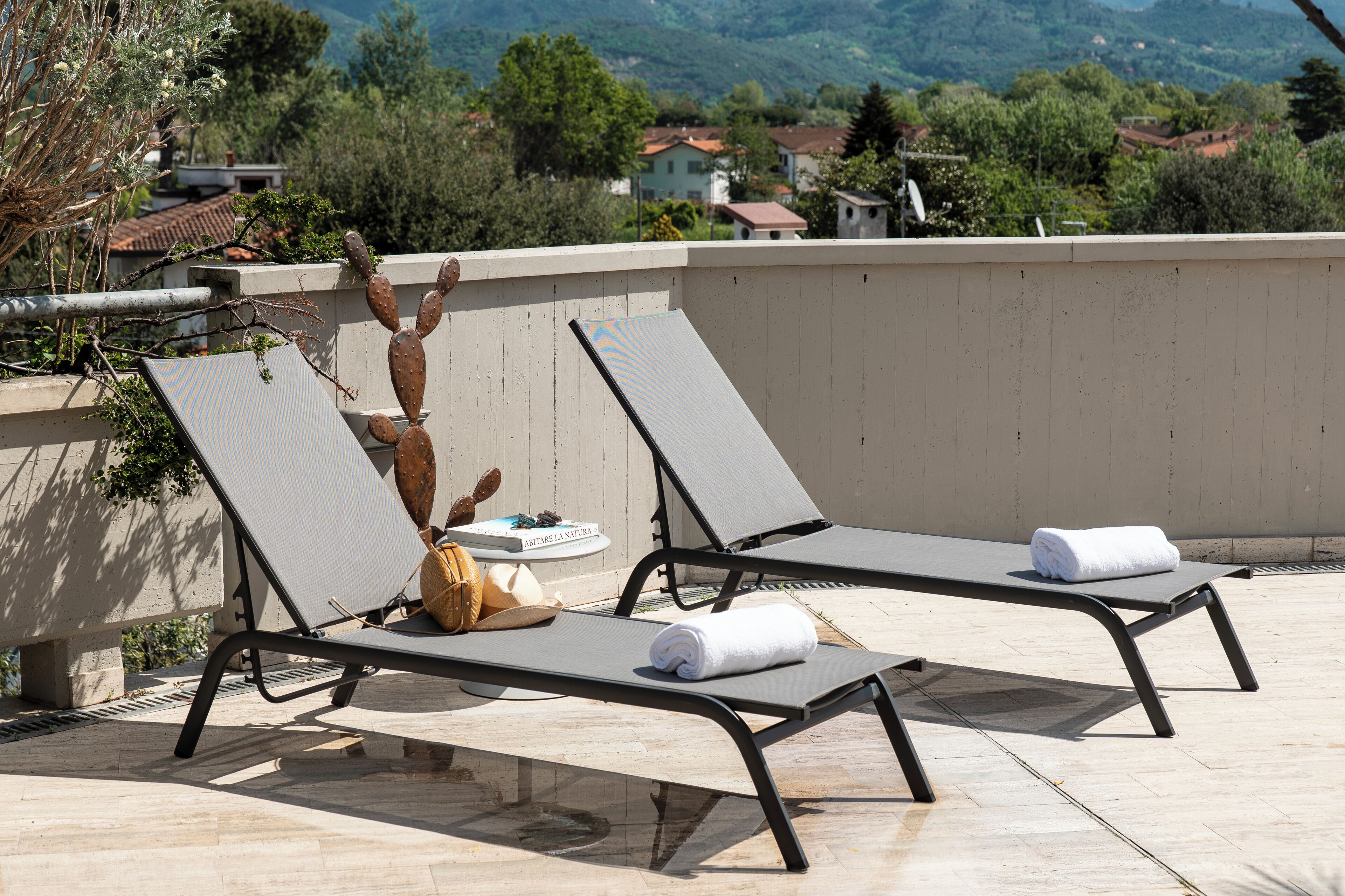 Duas espreguiçadeiras com toalhas, um cacto e um livro em um terraço com vista para casas e árvores.