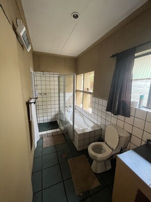 A small, tiled bathroom with a toilet, a shower enclosure, and a window. - Elephant's Nest Guest House (Graskop)