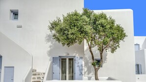 Un edificio blanco con un árbol en frente, una puerta y una ventana.