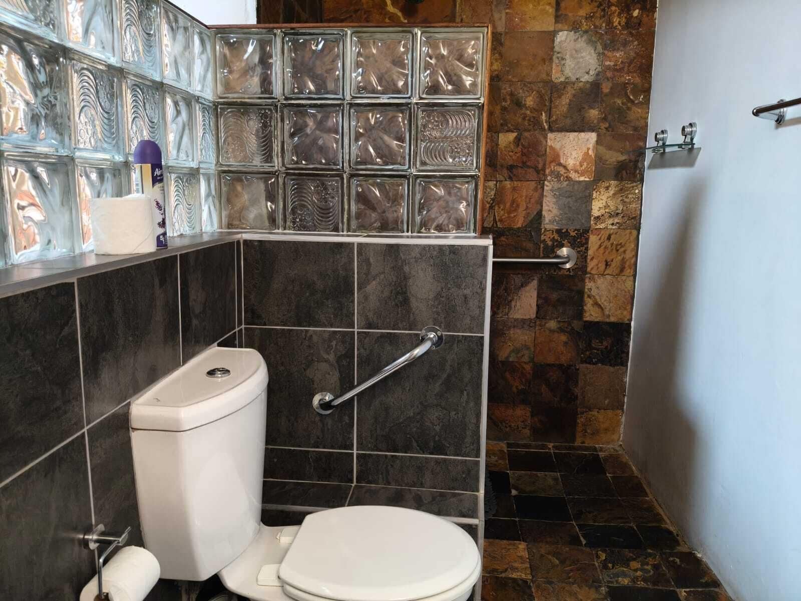 A bathroom with a toilet, a glass shower enclosure, and a tiled wall with a stone-like pattern.