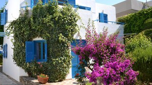 A white building with blue shutters and a lush green vine covering part of the facade. - Galeana Beach Hotel (Rethymno)