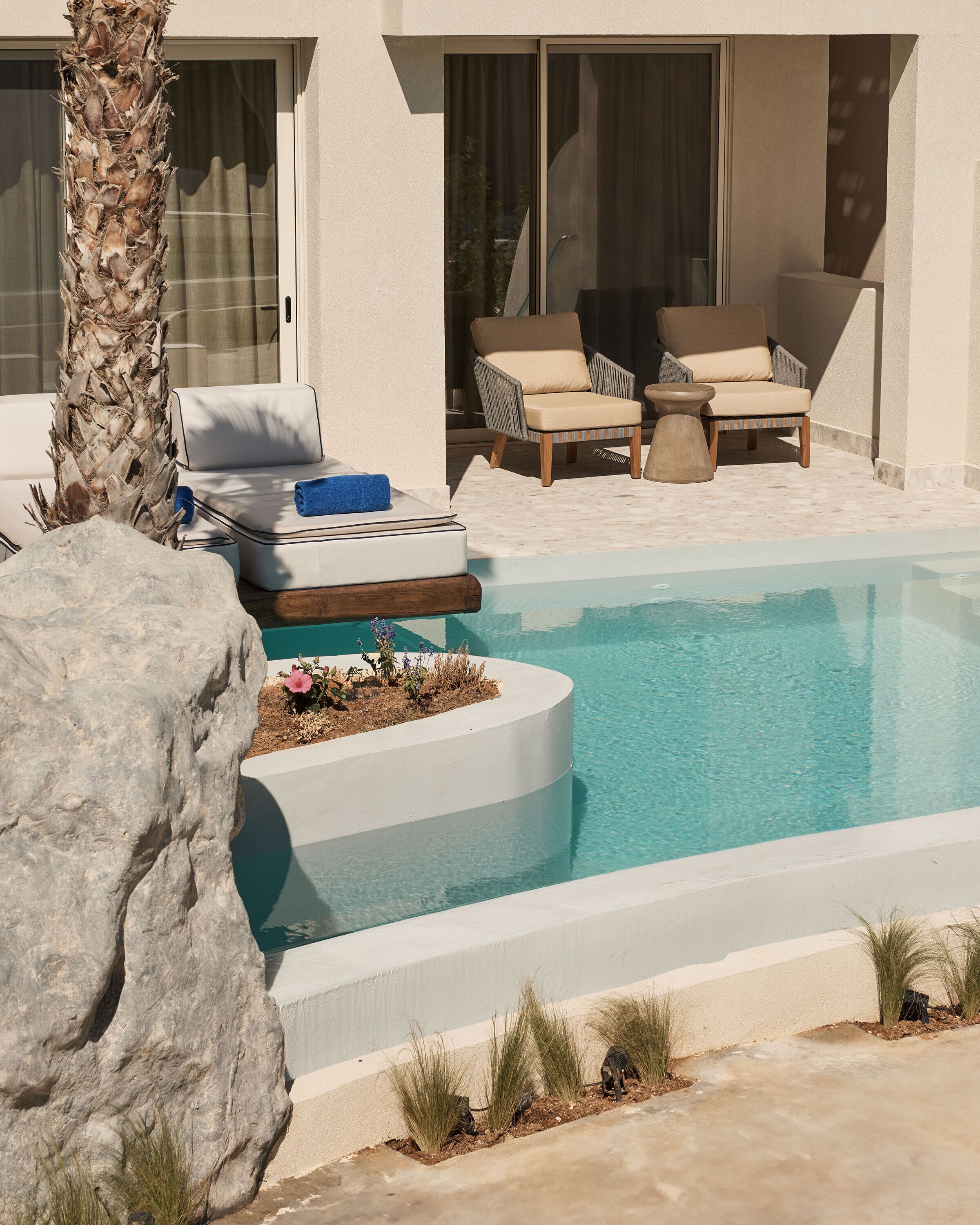 Zona de piscina moderna al aire libre con sillones de descanso y una palmera.
