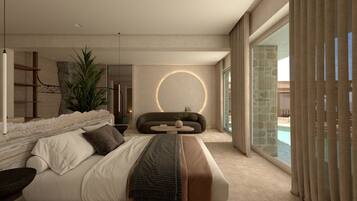 Suite, privézwembad (Cave Oasis Seafront, Indoor Hydromass) | 1 slaapkamer, luxe beddengoed, een minibar, een kluis op de kamer