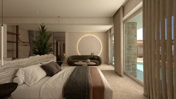 Suite, privézwembad (Cave Oasis Seafront, Indoor Hydromass) | 1 slaapkamer, luxe beddengoed, een minibar, een kluis op de kamer