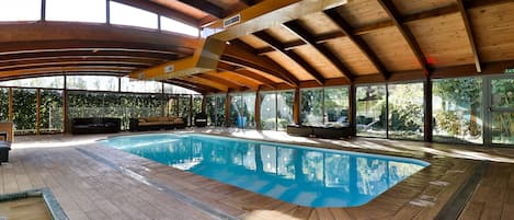 Een binnenzwembad, ligstoelen bij het zwembad