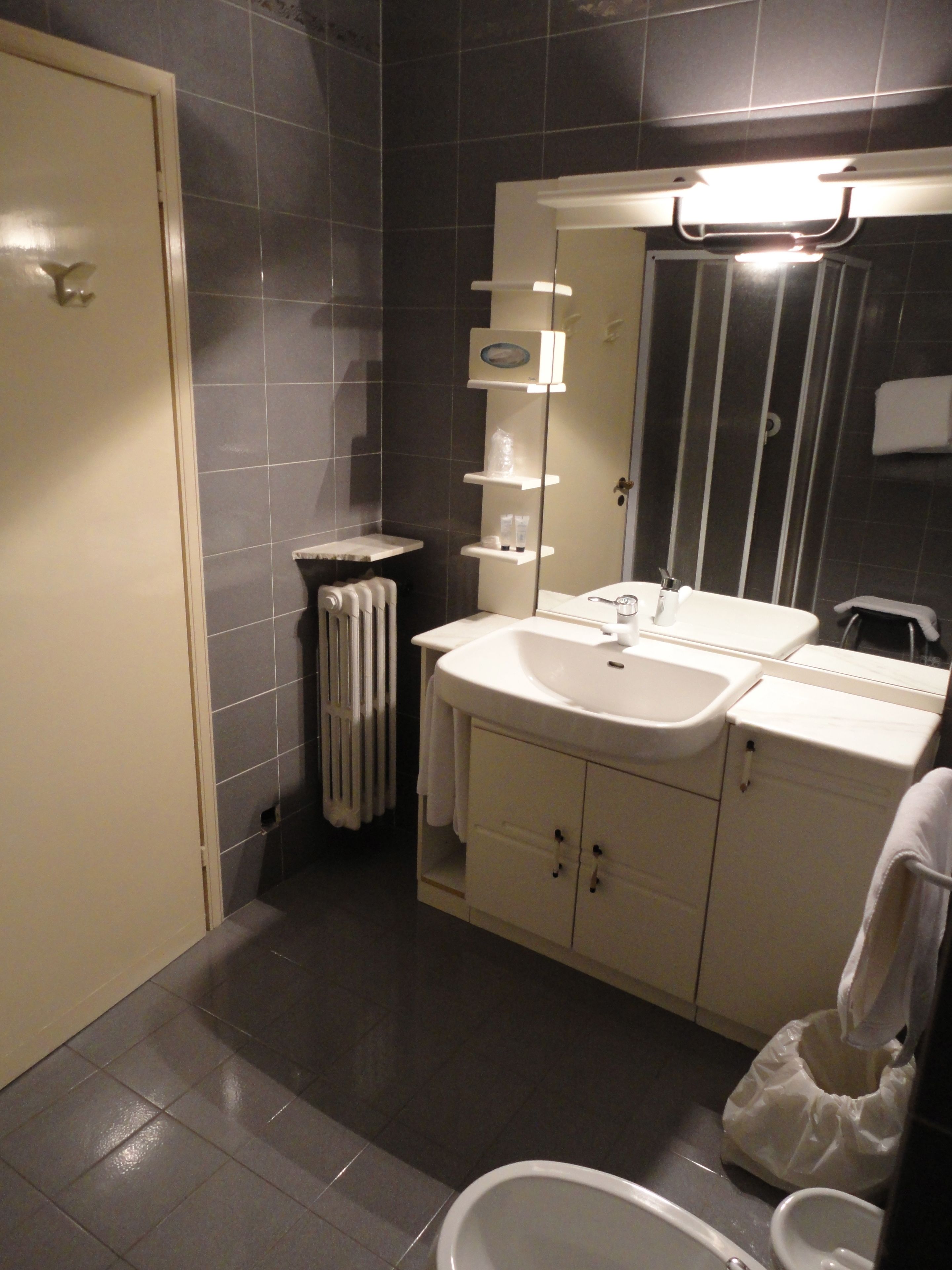 Un baño con lavamanos, espejo y mueble blanco, un radiador y un inodoro.