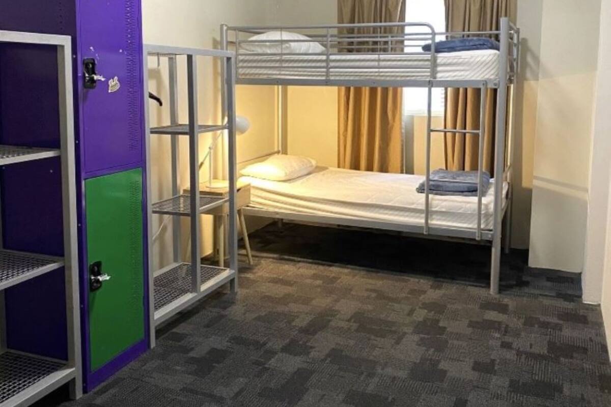 Habitación con literas, un mueble de almacenamiento morado y verde, piso alfombrado y una ventana con cortinas.