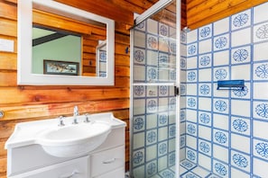 A bathroom with a wooden wall, a white sink with two faucets, and a glass shower enclosure with blue and white tiles. - Snowy Gums (Smiggin Holes)