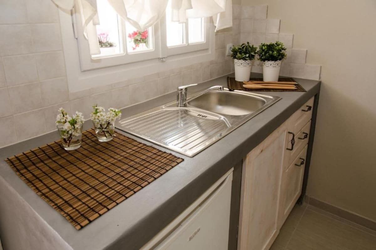 A kitchen with a stainless steel sink, a bamboo mat, and two potted plants on the counter.