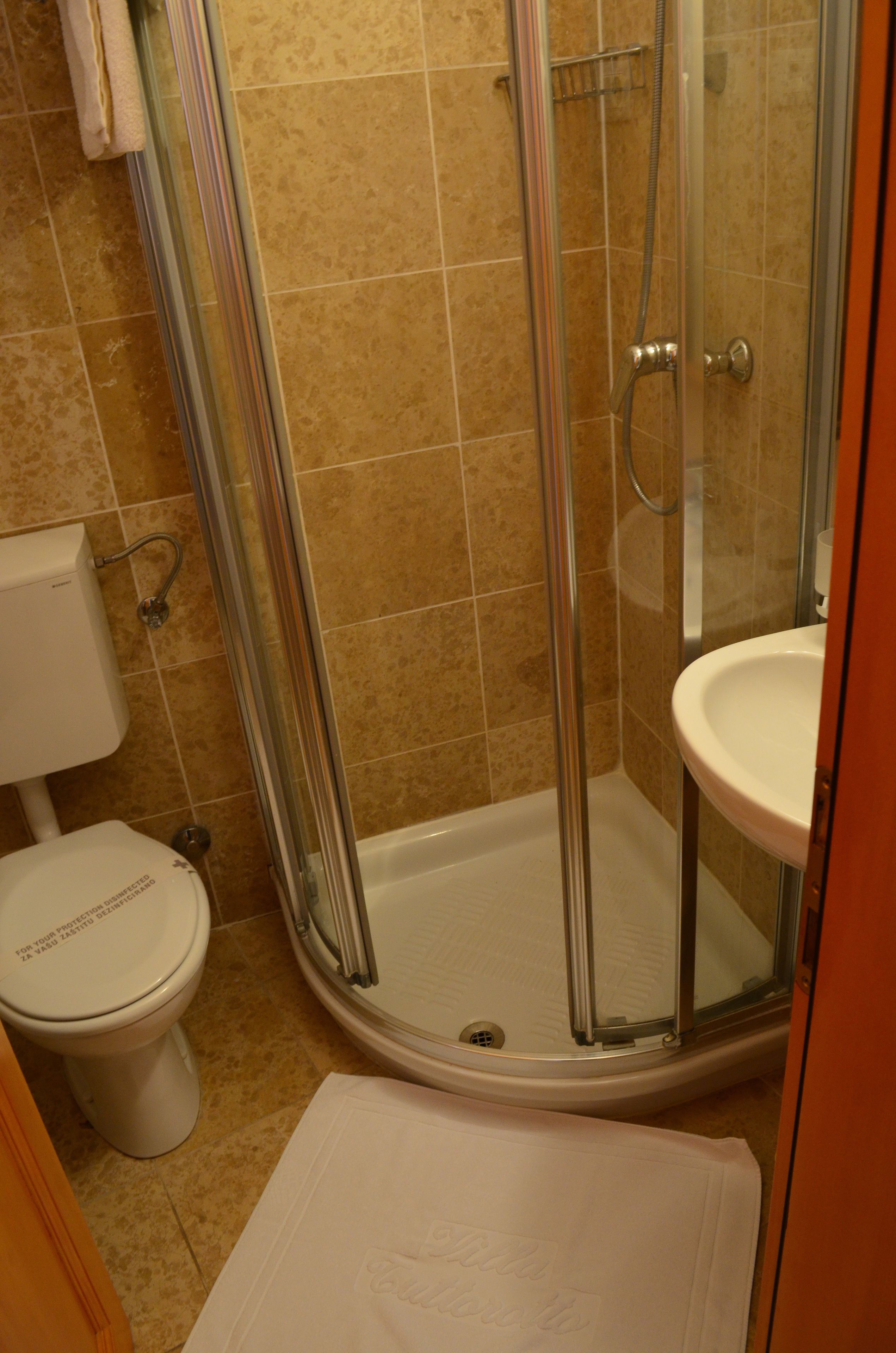 A bathroom with a glass-enclosed shower, a white toilet, and a sink.