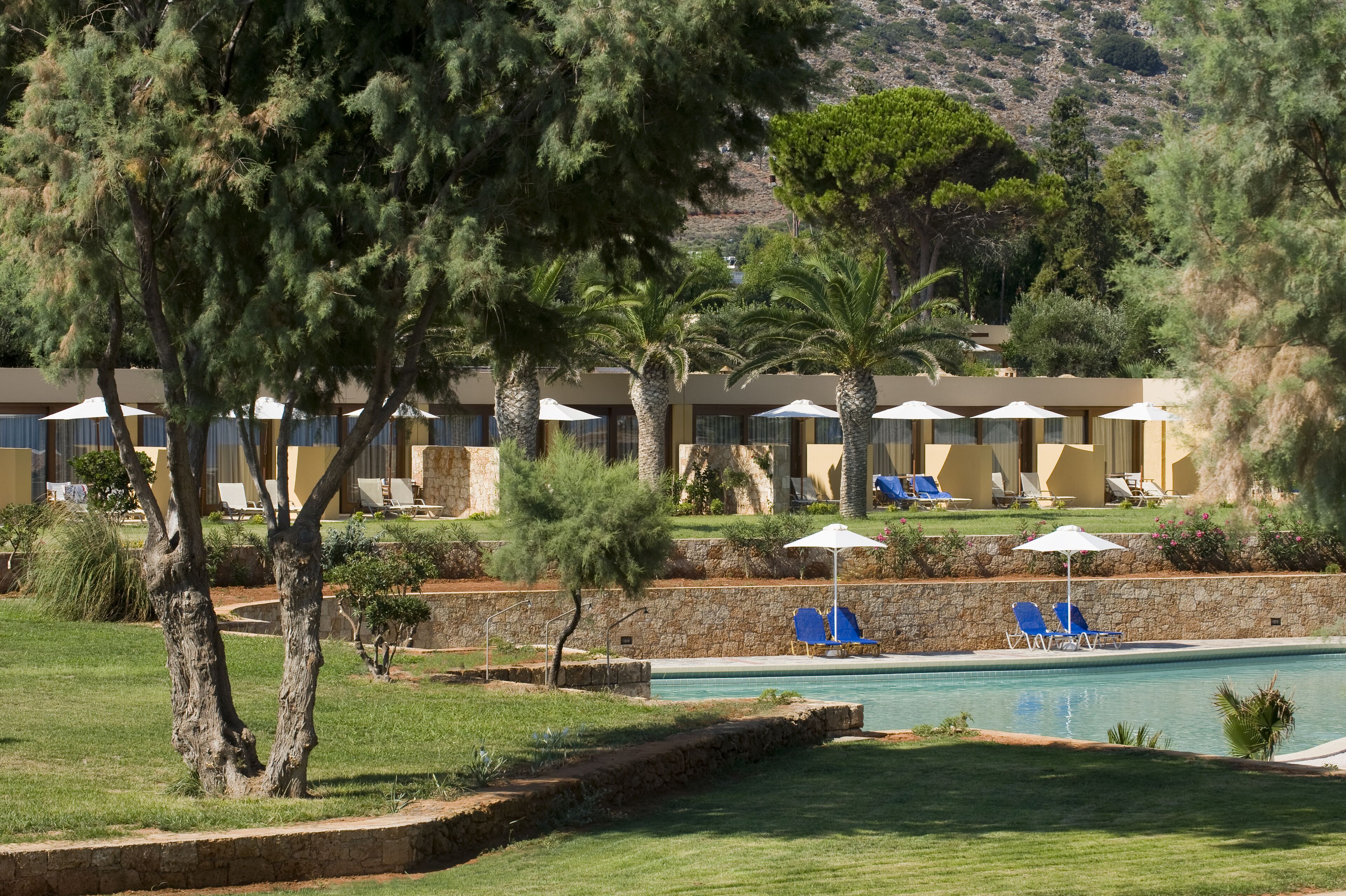 A pool area with lounge chairs and umbrellas, surrounded by trees and a building with multiple rooms.