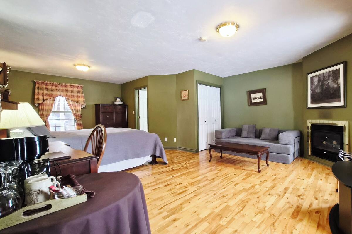 A room with a bed, a sofa, a table, a lamp, a fireplace, and a television.