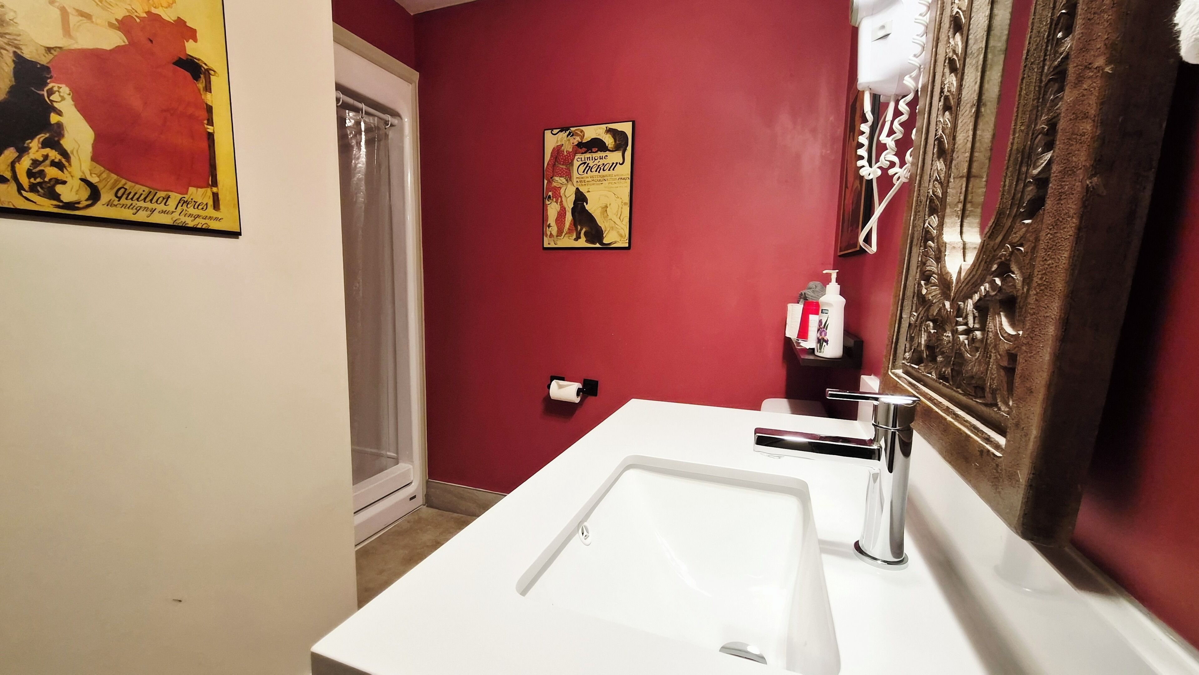 A bathroom with a white sink, a mirror with a decorative frame, a shower curtain, and a poster on the wall.