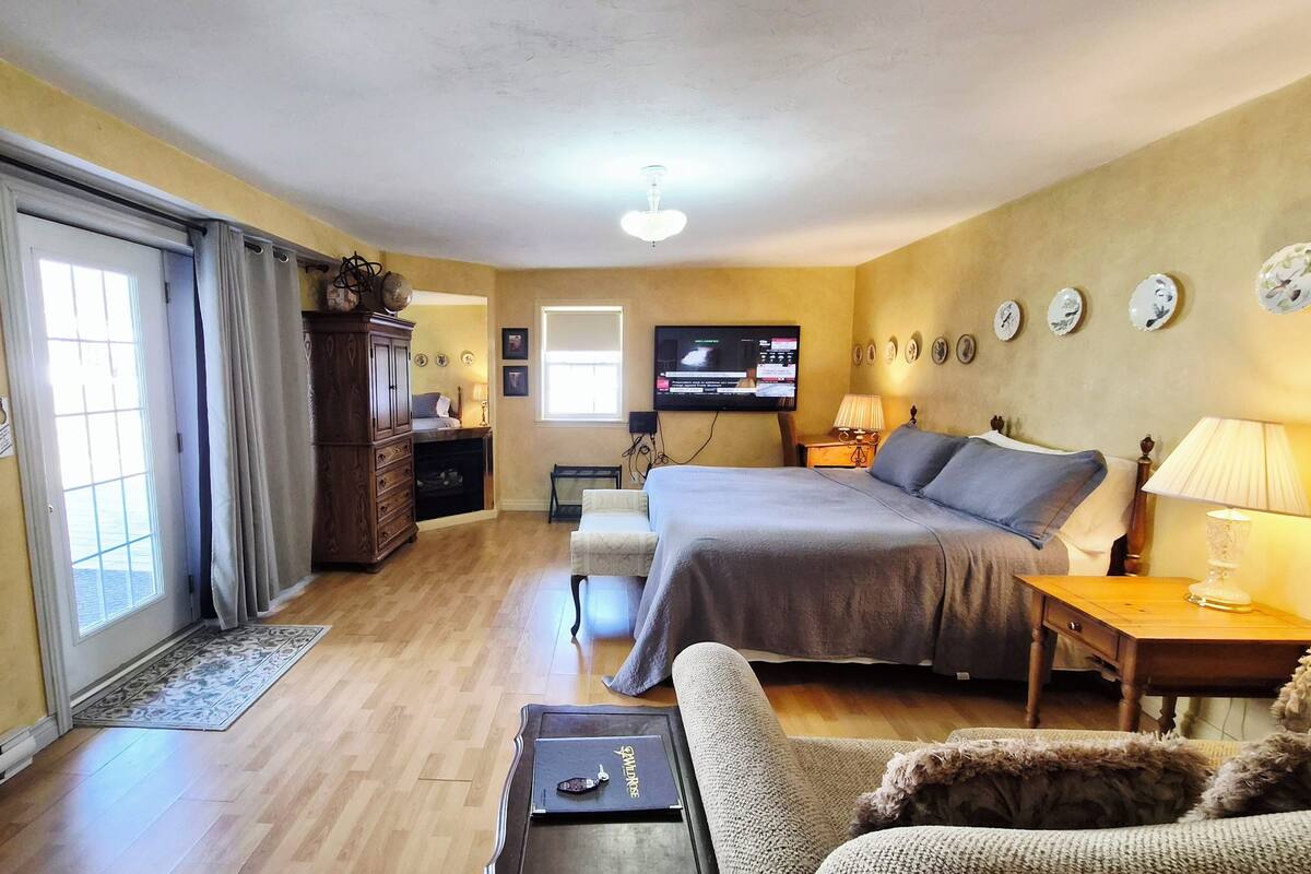 A hotel room with a bed, a sofa, a TV, a desk, and a wardrobe.