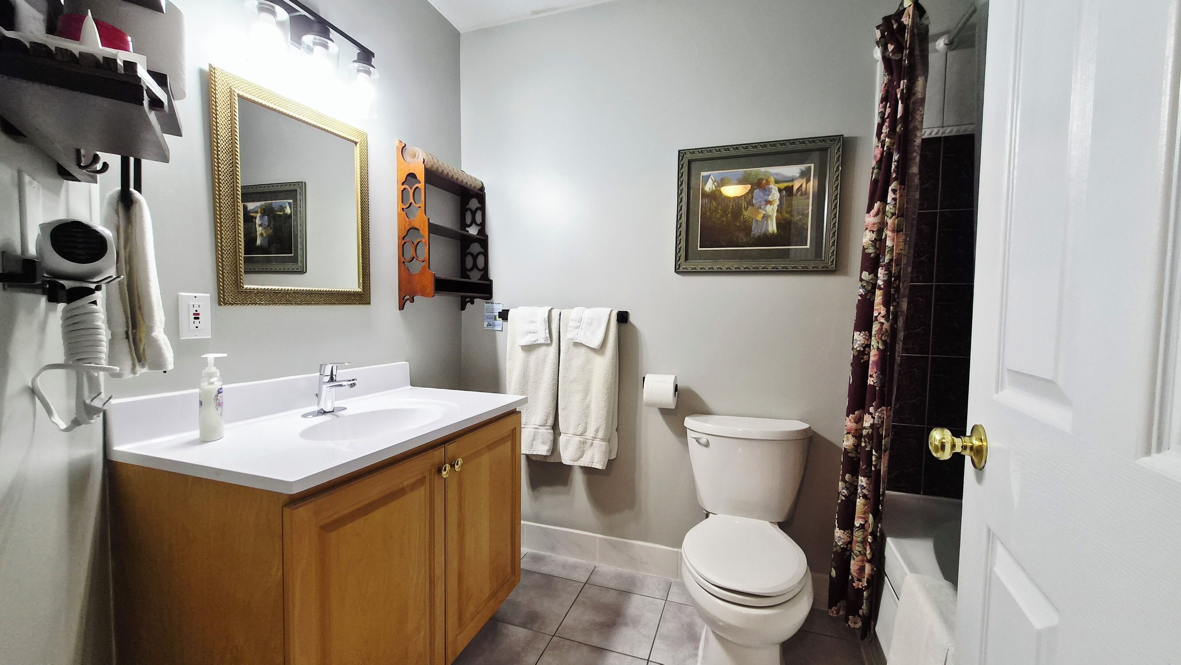 A bathroom with a white sink, a toilet, a shower curtain, and a framed picture on the wall.