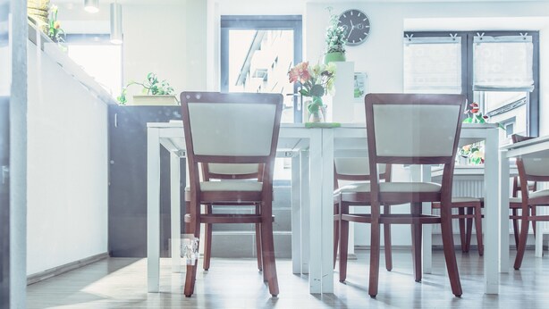 Una cocina moderna con sillas de madera, una mesa de comedor y una planta en maceta sobre la encimera.