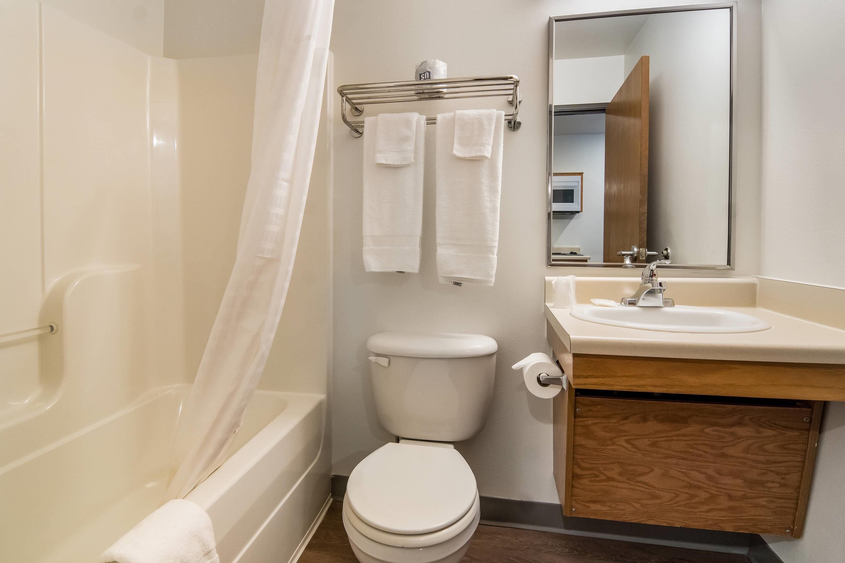 Een badkamer met een bad, toilet, wastafel en een spiegel.