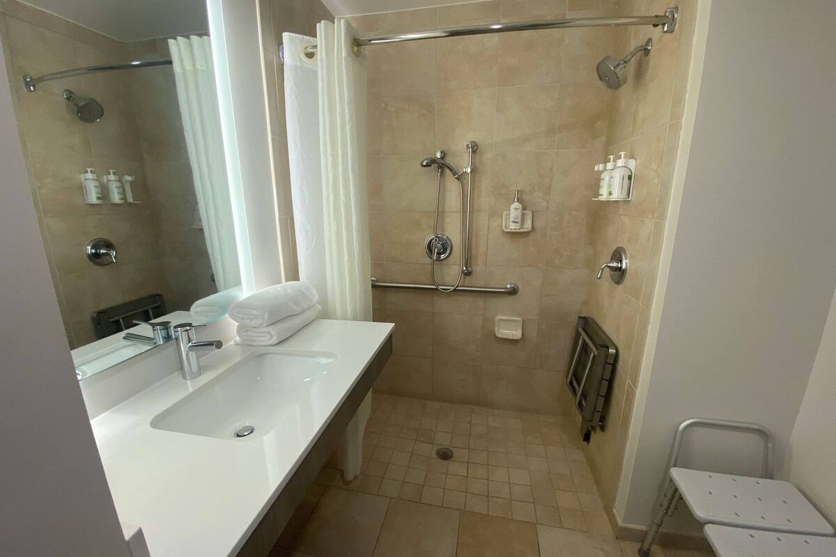 shower, free toiletries, hair dryer, towels