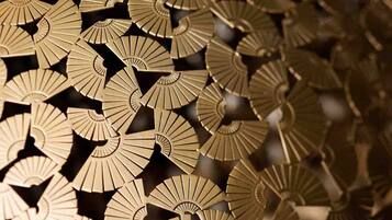 A close-up of a decorative pattern with a radial design, featuring multiple circular elements with a central void.
