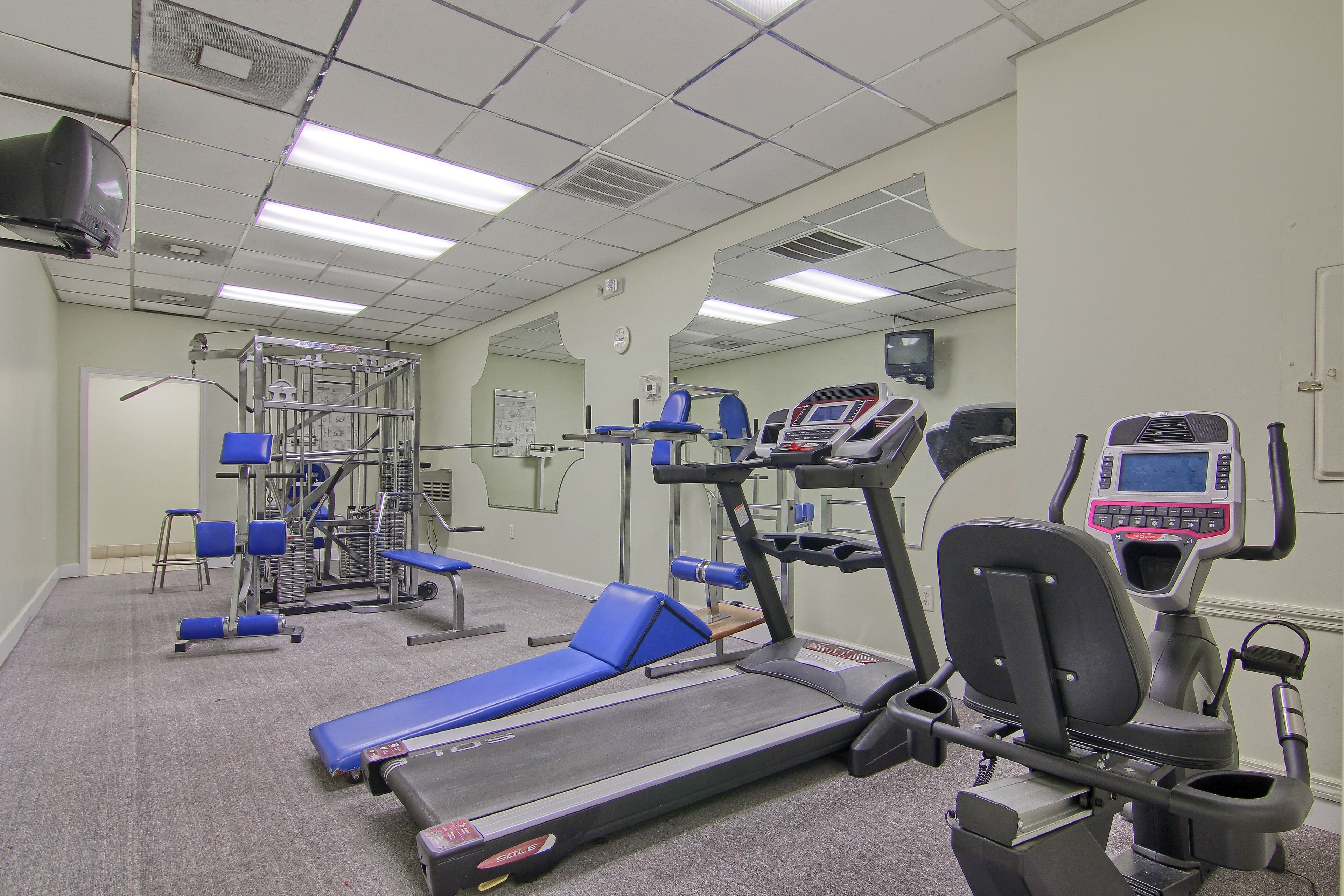 A gym with treadmills, weight machines, and blue chairs.