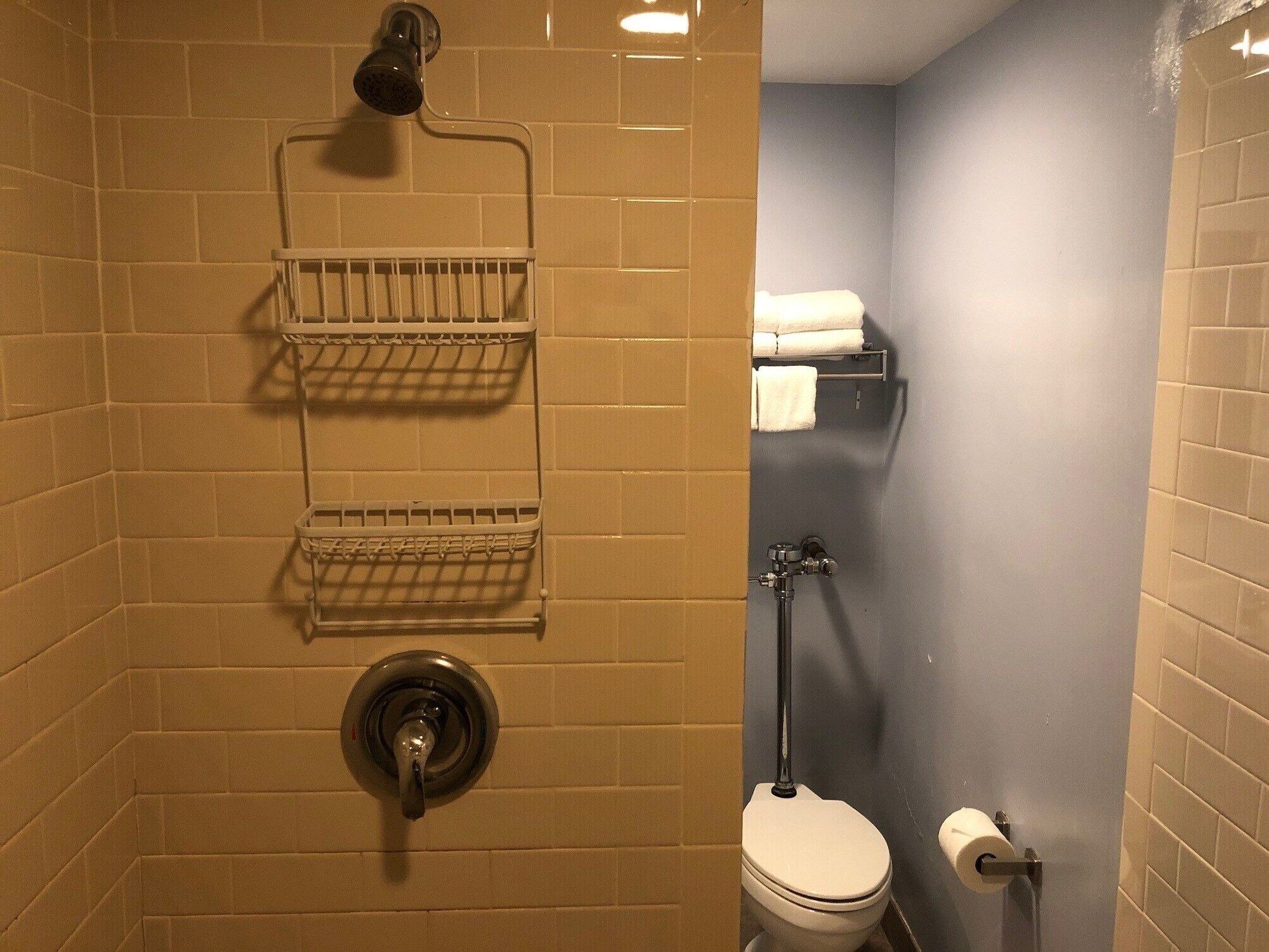 Ein Badezimmer mit beige gefliesten Wänden, einer weißen Toilette, einem Duschkopf und zwei Wandregalen.