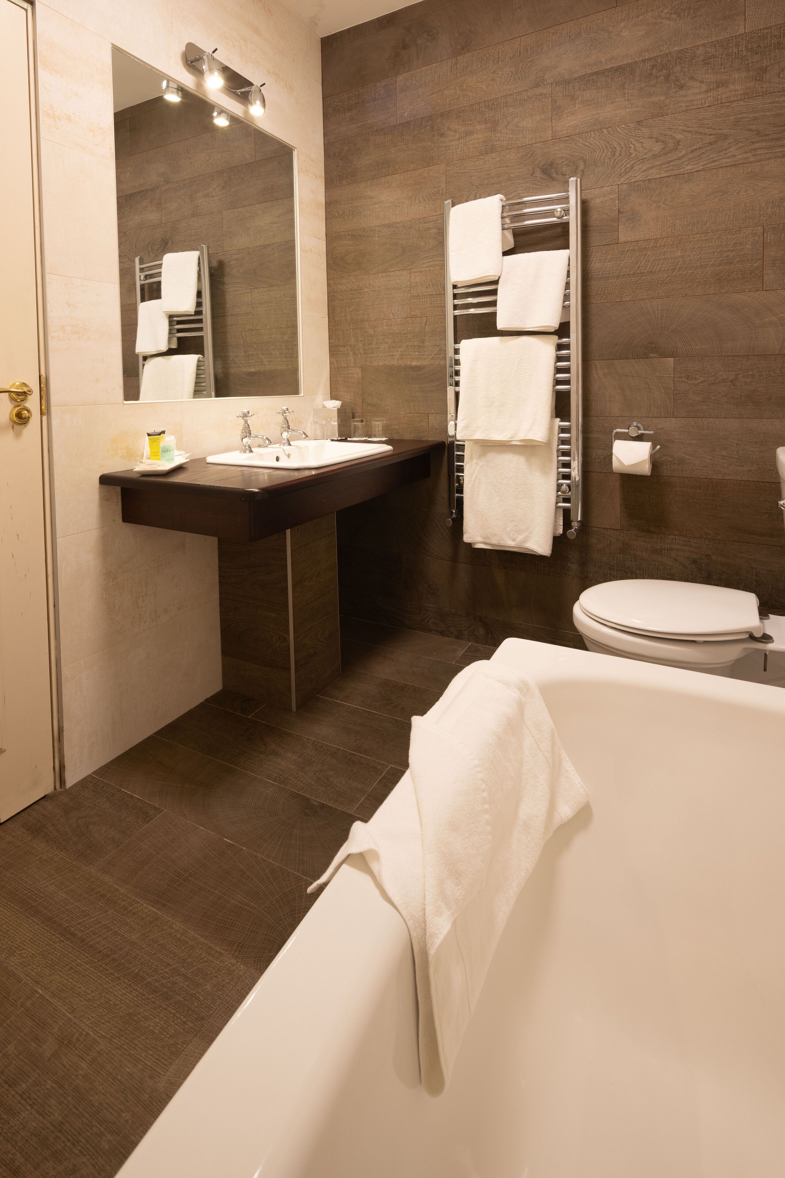 combined shower/bathtub, free toiletries, hair dryer, towels