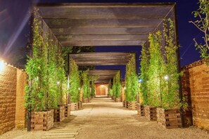 Ein Weg führt zu einem Gebäudeeingang, gesäumt von Holz-Pflanzkästen und einer Metall-Pergola.