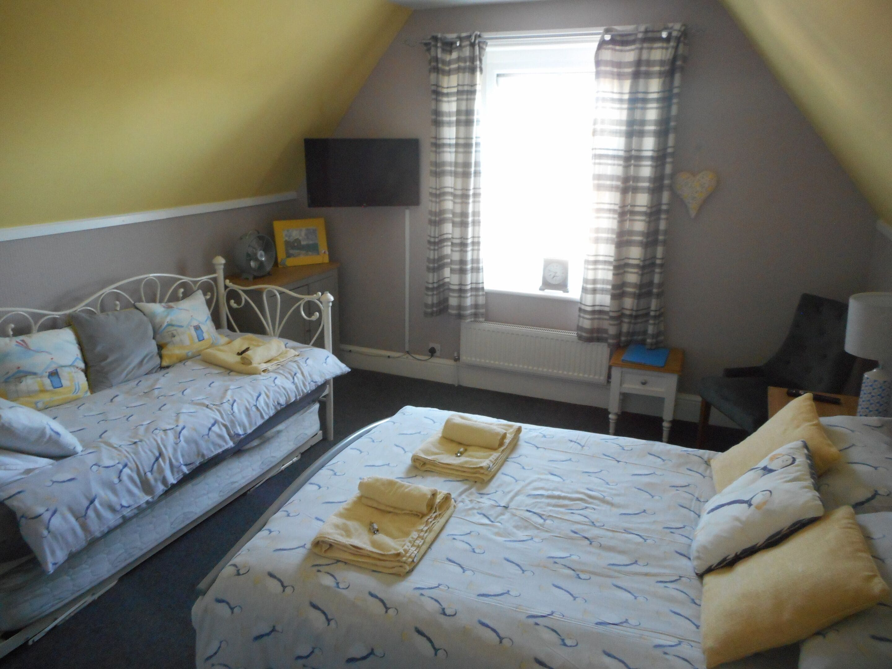 Une chambre avec deux lits, un téléviseur à écran plat, un radiateur et une fenêtre avec des rideaux.