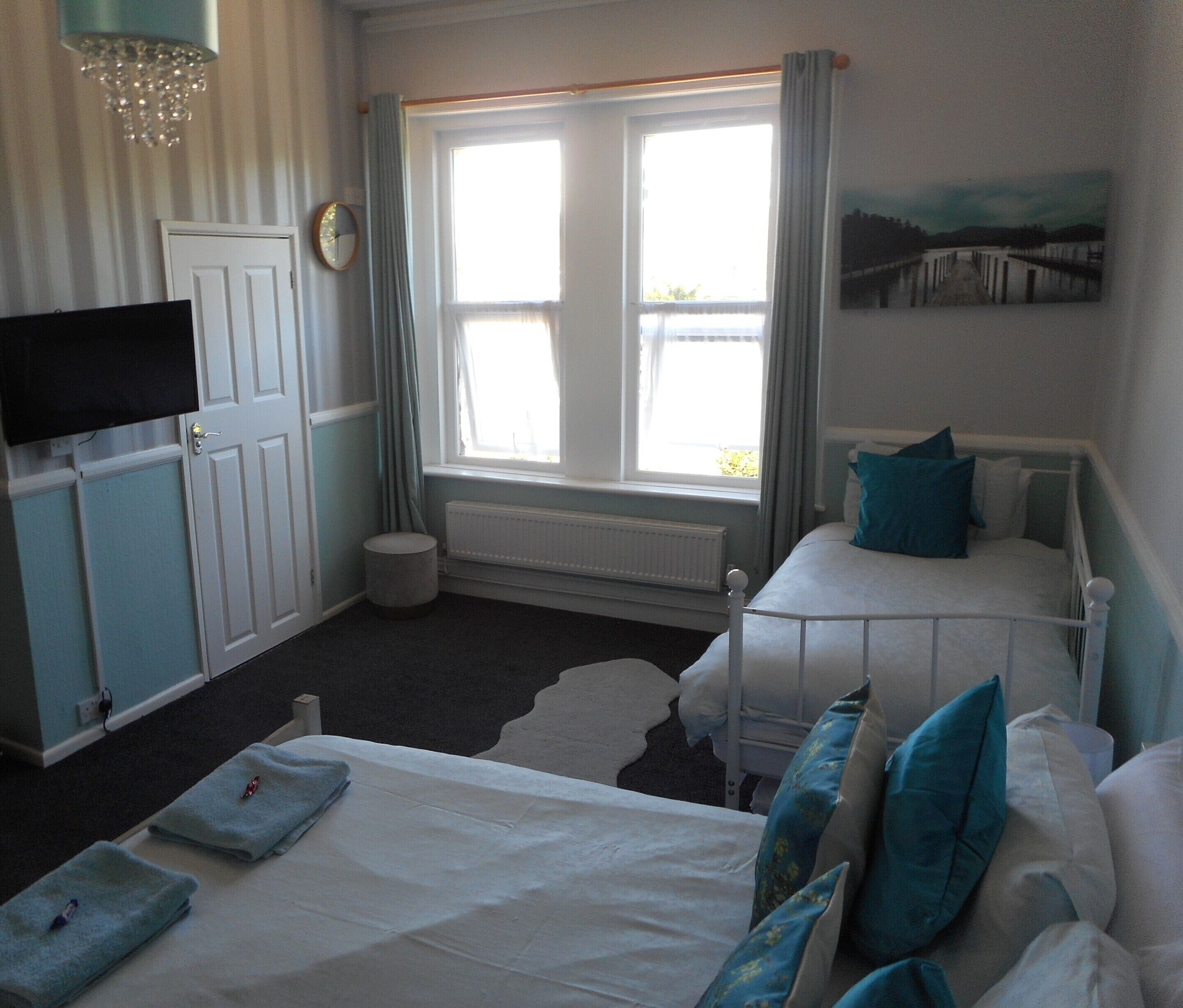 A bedroom with a bed, a television, a window with curtains, a radiator, and a painting on the wall.