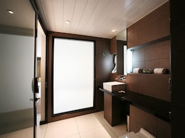 Combined shower/tub, hair dryer, towels