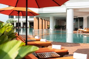 Outdoor pool, pool umbrellas, pool loungers