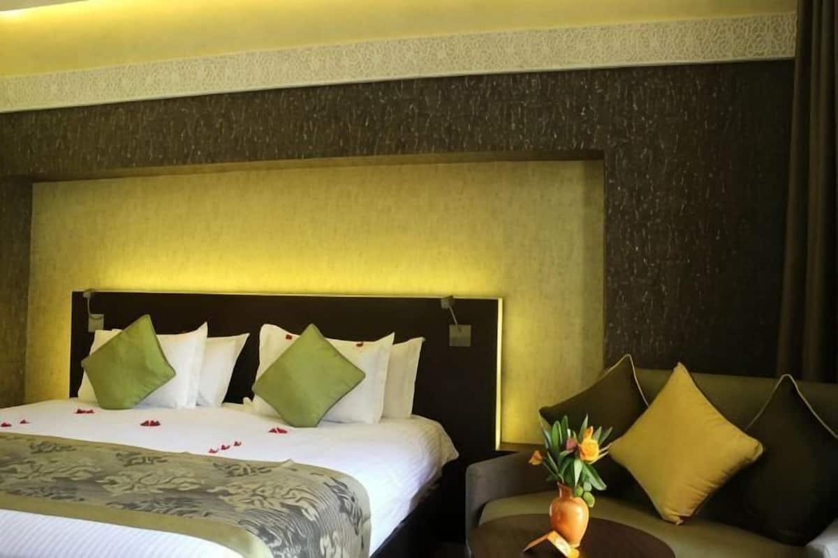 Una habitación de hotel con una cama grande, una mesita de noche, una planta en maceta y un sofá.