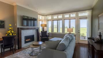A living room with a fireplace, a sofa, a TV, and a view of the outdoors.