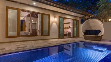 Outdoor pool, pool umbrellas, pool loungers