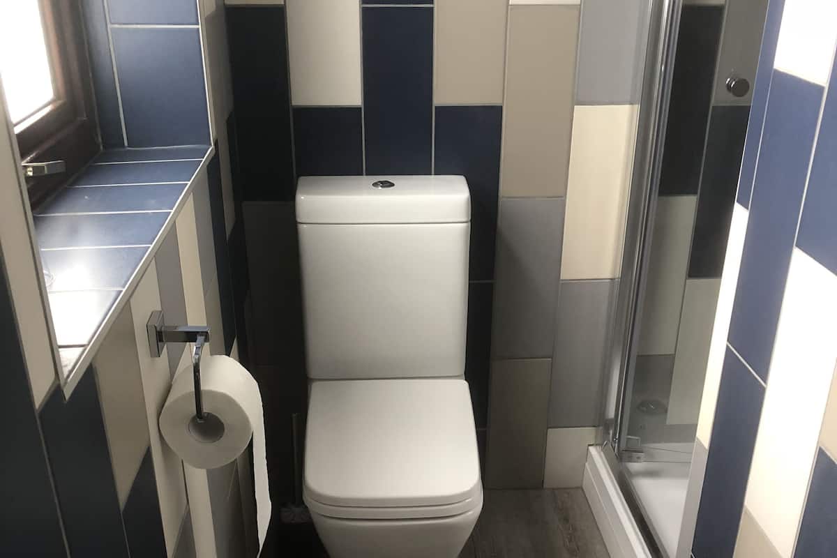 Ein Badezimmer mit Toilette, Dusche und Toilettenpapierhalter.