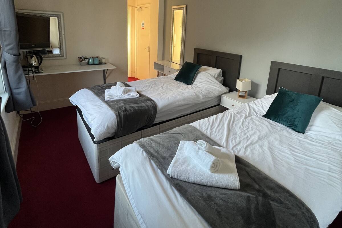 Habitación de hotel con dos camas, un escritorio, un espejo y una televisión.