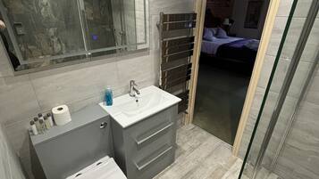 A modern bathroom with a glass shower enclosure, a vanity with a sink and mirror, and a toilet.